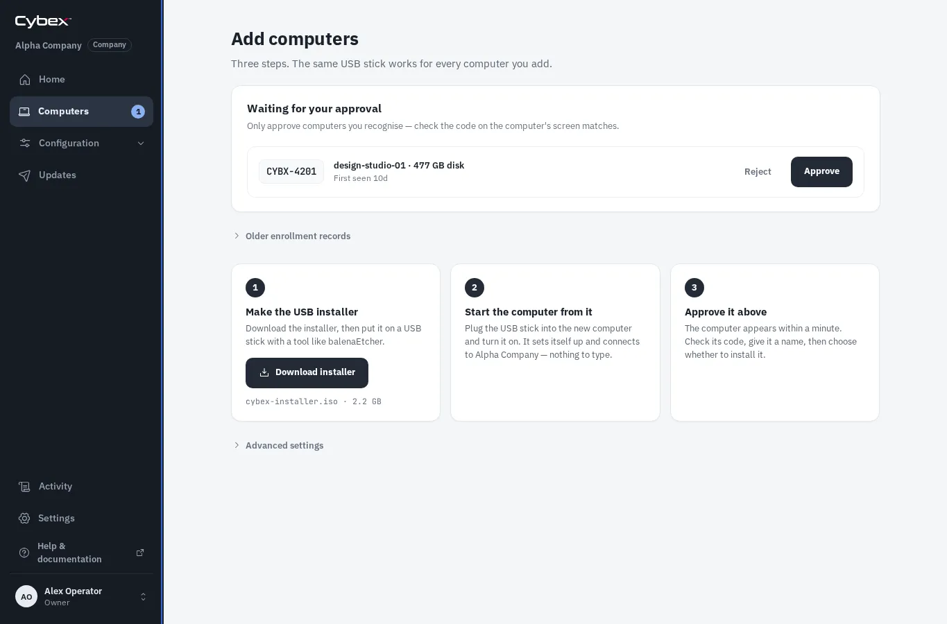 Add computers page showing installer steps and a pending computer.
