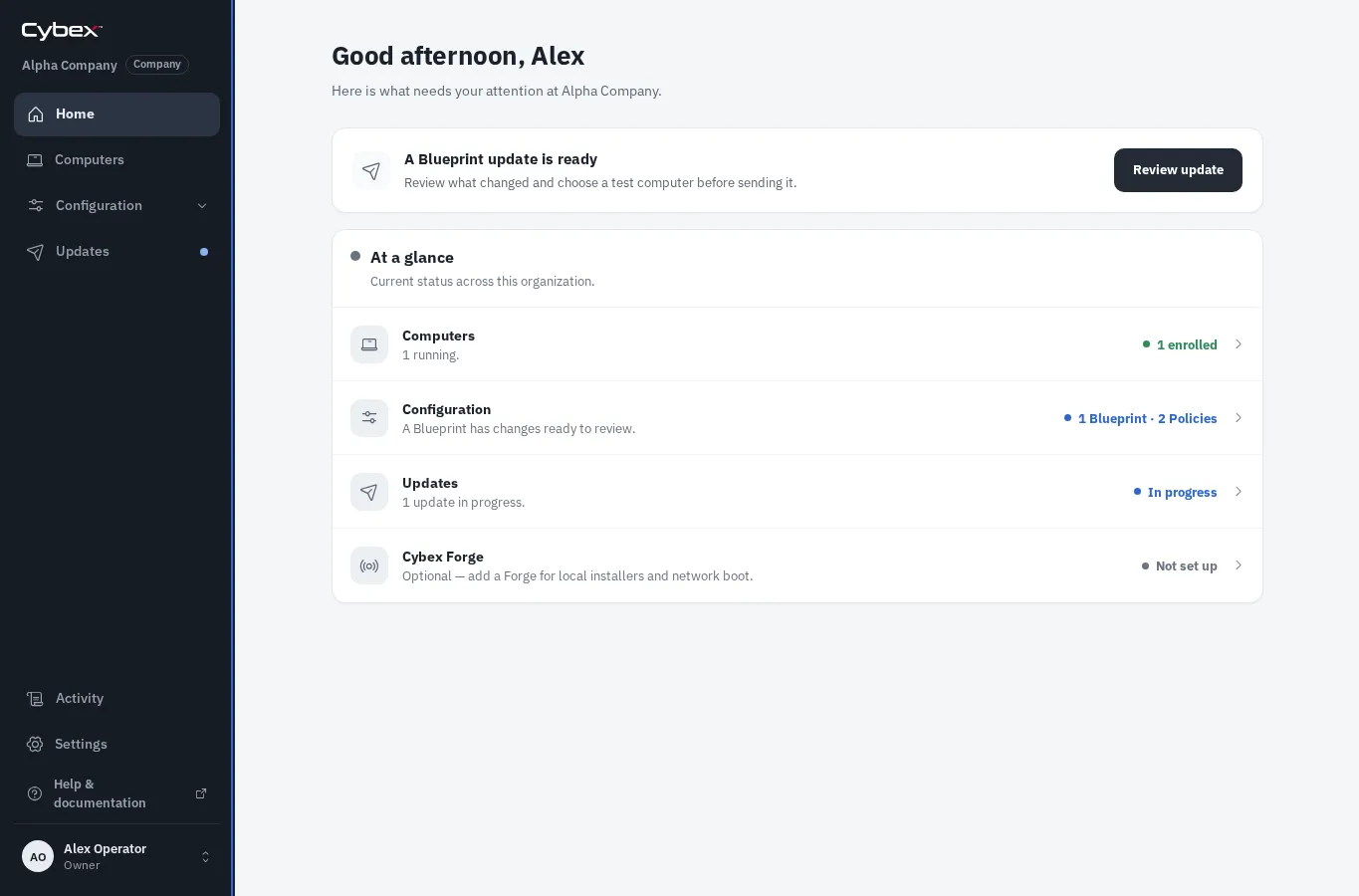 Cybex Manage Home page with organization status and task navigation.