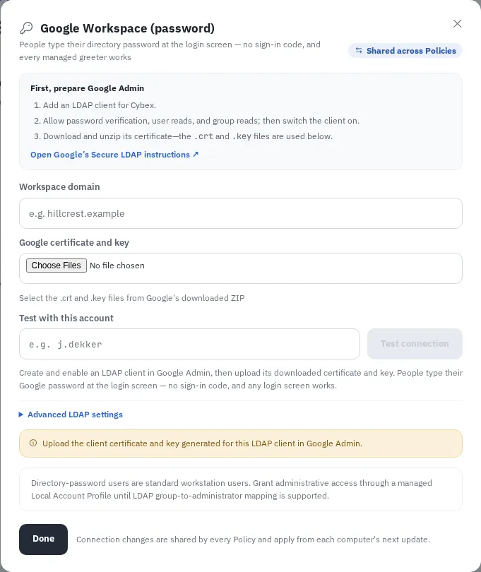 Google Workspace password connection dialog in Cybex Sign-in sources.