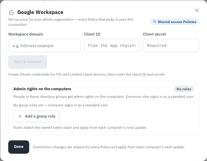 Google Workspace connection dialog in Cybex Sign-in sources.